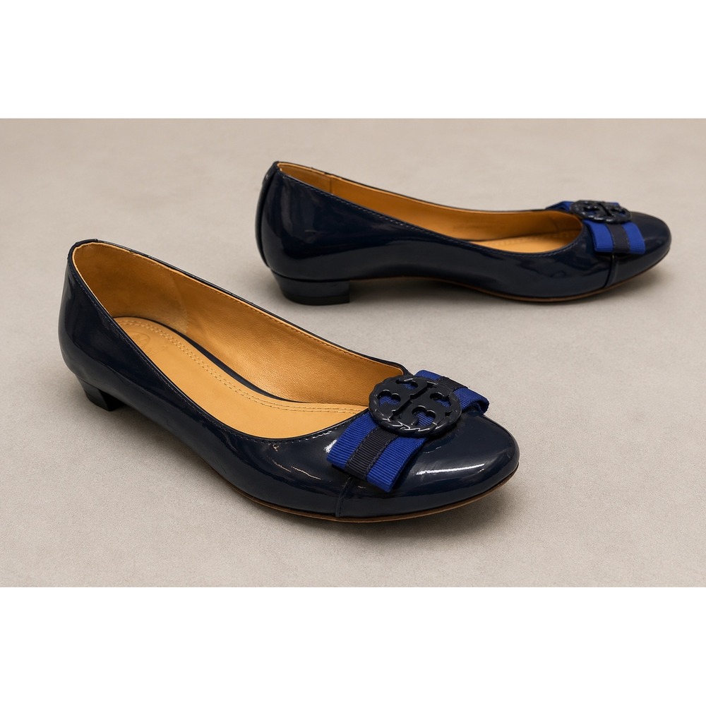 Tory Burch Patent Leather Ballet Flats Womens 6.5M Navy Blue Good Logo Bow 5930A